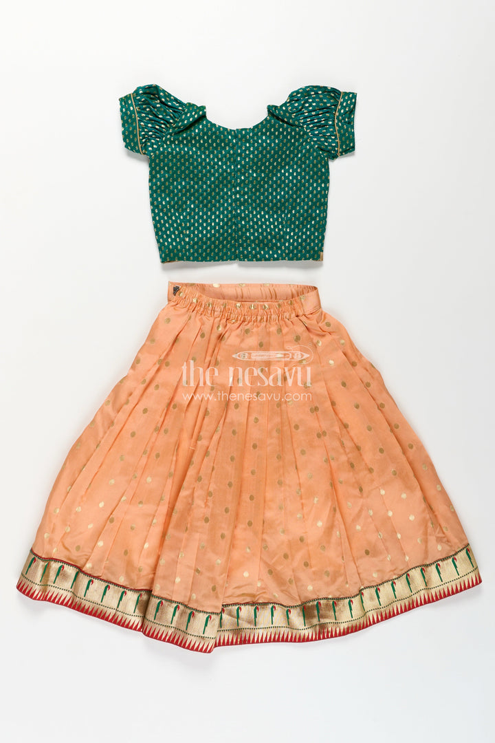 The Nesavu Pattu Pavadai Lehenga Pattu Pavadai for Girls in Orange and Green with Paithani Embellished Banaras Skirt Nesavu Lehenga Pattu Pavadai Girls Semi Banaras Skirt Paithani Border Orange Green | The Nesavu