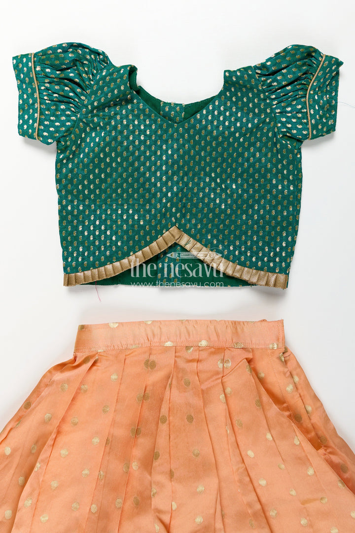 The Nesavu Pattu Pavadai Lehenga Pattu Pavadai for Girls in Orange and Green with Paithani Embellished Banaras Skirt Nesavu Lehenga Pattu Pavadai Girls Semi Banaras Skirt Paithani Border Orange Green | The Nesavu