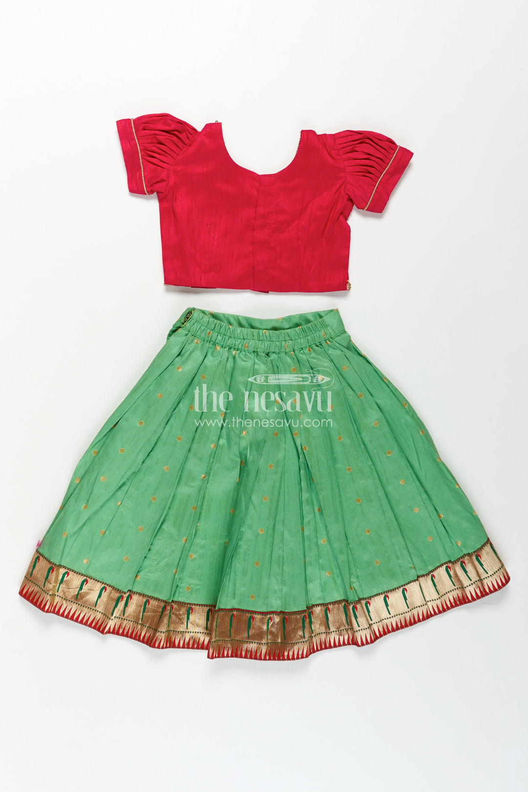 The Nesavu Pattu Pavadai Lehenga Pavadai for Girls in Green and Pink with Paithani Embellished Banaras Silk Finish Nesavu Lehenga Pavadai Girls Green Pink Paithani Embellished Raw Silk Banaras Detailing | The Nesavu