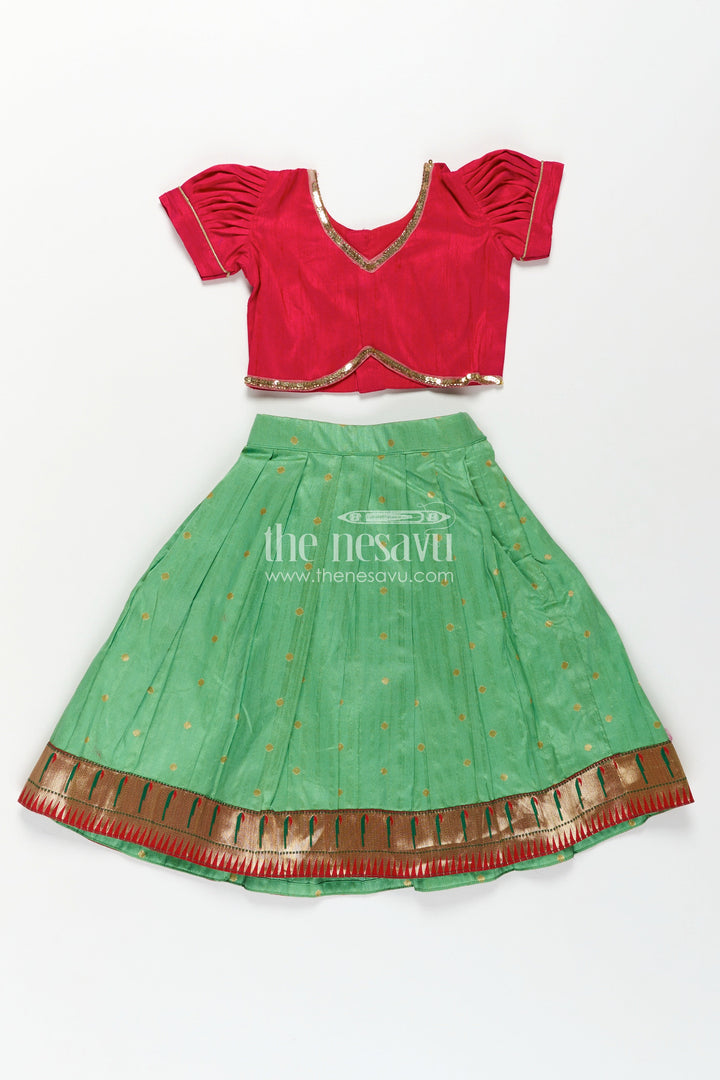 The Nesavu Pattu Pavadai Lehenga Pavadai for Girls in Green and Pink with Paithani Embellished Banaras Silk Finish Nesavu Lehenga Pavadai Girls Green Pink Paithani Embellished Raw Silk Banaras Detailing | The Nesavu