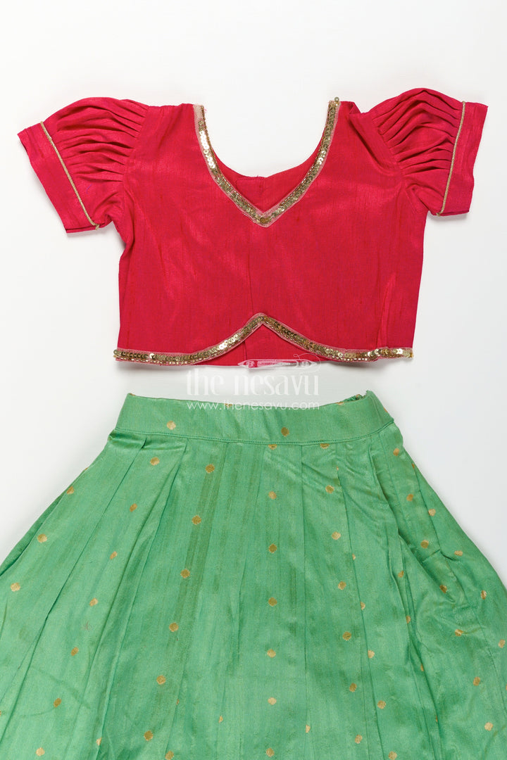 The Nesavu Pattu Pavadai Lehenga Pavadai for Girls in Green and Pink with Paithani Embellished Banaras Silk Finish Nesavu Lehenga Pavadai Girls Green Pink Paithani Embellished Raw Silk Banaras Detailing | The Nesavu