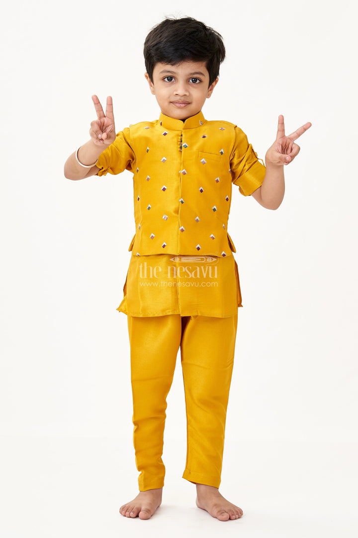 The Nesavu Boys Kurtha Set Lemon Yellow Kurta Set for Boys with Thread Embroidered Jacket and Stylish Dhoti Pants Nesavu 14 (6M) / Yellow BES693A-14 Boys Lemon Yellow Kurta Set Embroidered Jacket Dhoti Pants Viscose Blend | The Nesavu