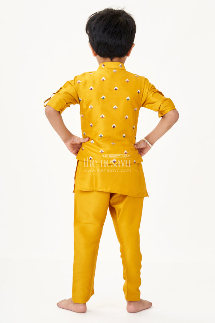 The Nesavu Boys Kurtha Set Lemon Yellow Kurta Set for Boys with Thread Embroidered Jacket and Stylish Dhoti Pants Nesavu Boys Lemon Yellow Kurta Set Embroidered Jacket Dhoti Pants Viscose Blend | The Nesavu