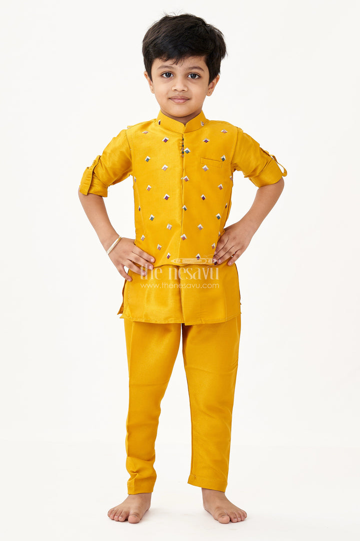The Nesavu Boys Kurtha Set Lemon Yellow Kurta Set for Boys with Thread Embroidered Jacket and Stylish Dhoti Pants Nesavu Boys Lemon Yellow Kurta Set Embroidered Jacket Dhoti Pants Viscose Blend | The Nesavu