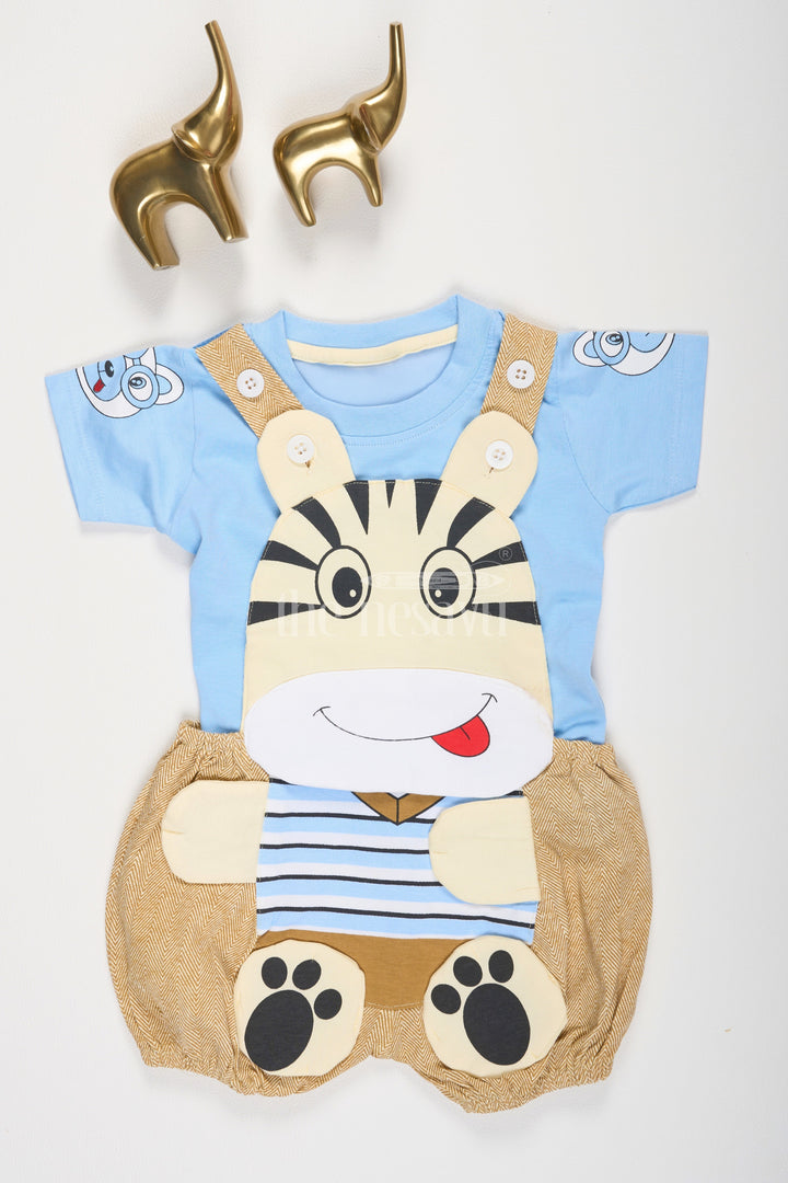 The Nesavu Baby Dungarees Light Blue Baby Dungaree Set with Fun Zebra Face Design for Boys Nesavu 12 (3M) / Blue BCS137A-12 Light Blue Cotton Baby Dungaree Set Zebra Face Design Nesavu Boys Playful Outfit