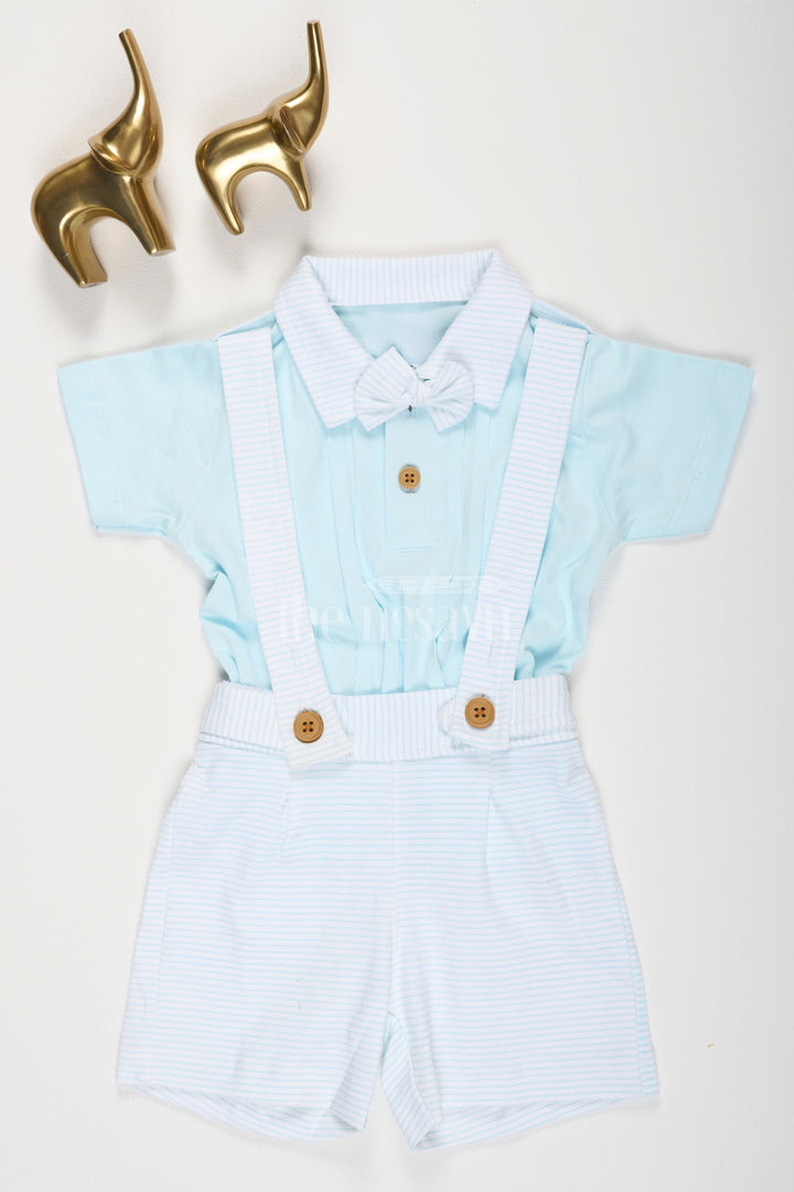 The Nesavu Baby Dungarees Light Blue Baby Suspender Set with Bow Tie and Striped Shorts for Boys Nesavu 12 (3M) / Blue BCS138A-12 Light Blue Baby Suspender Set Bow Tie Striped Shorts Nesavu Formal Boys Outfit