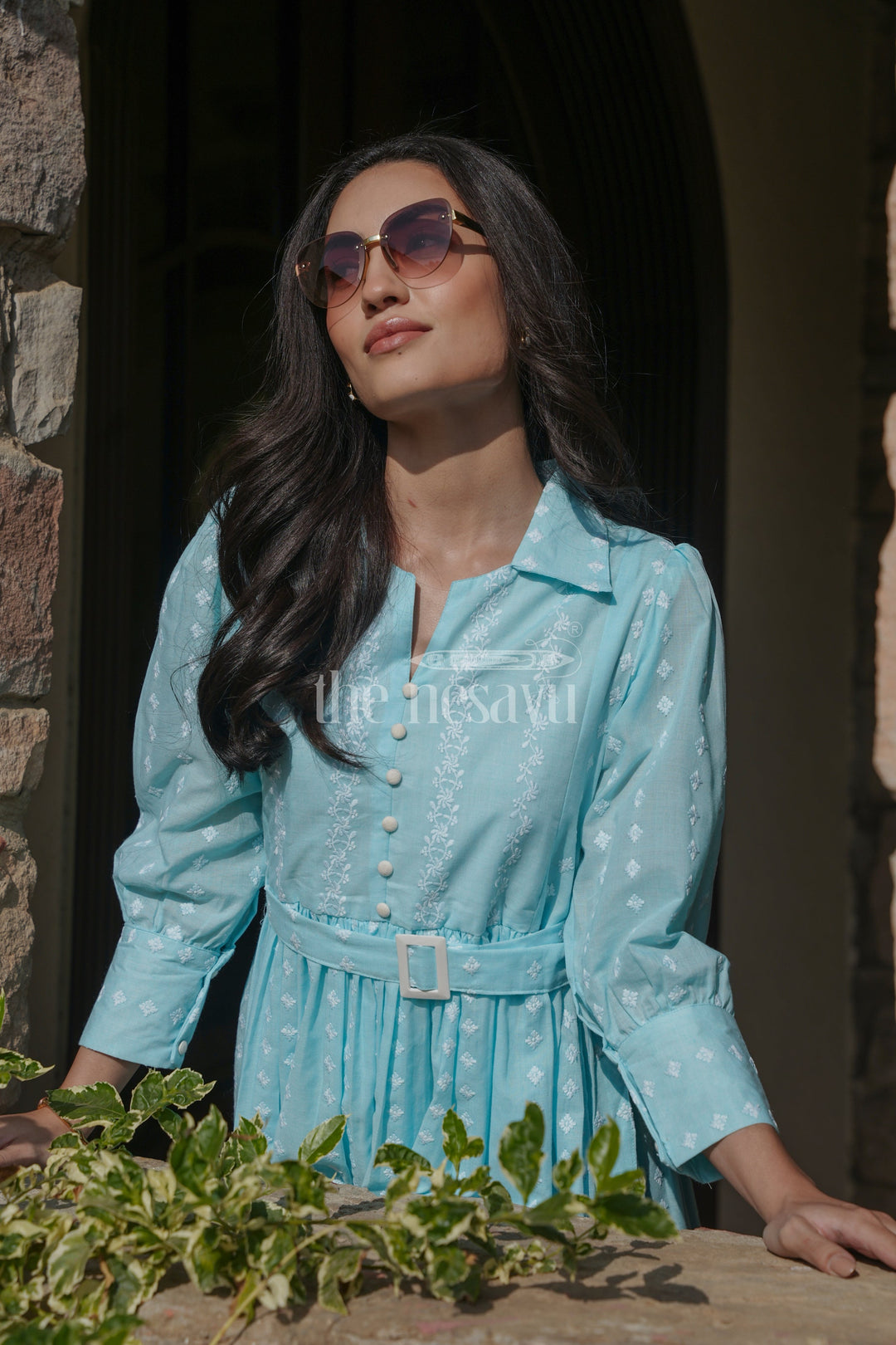 The Nesavu Womens Flared Kurthas Light Blue Womens Smart Casual Evening Wear in Georgette with Button-Down Detailing Nesavu 36 (S) / Blue WT042C-36 Light Blue Georgette Womens Smart Casual Evening Wear Puff Sleeves Belt | The Nesavu