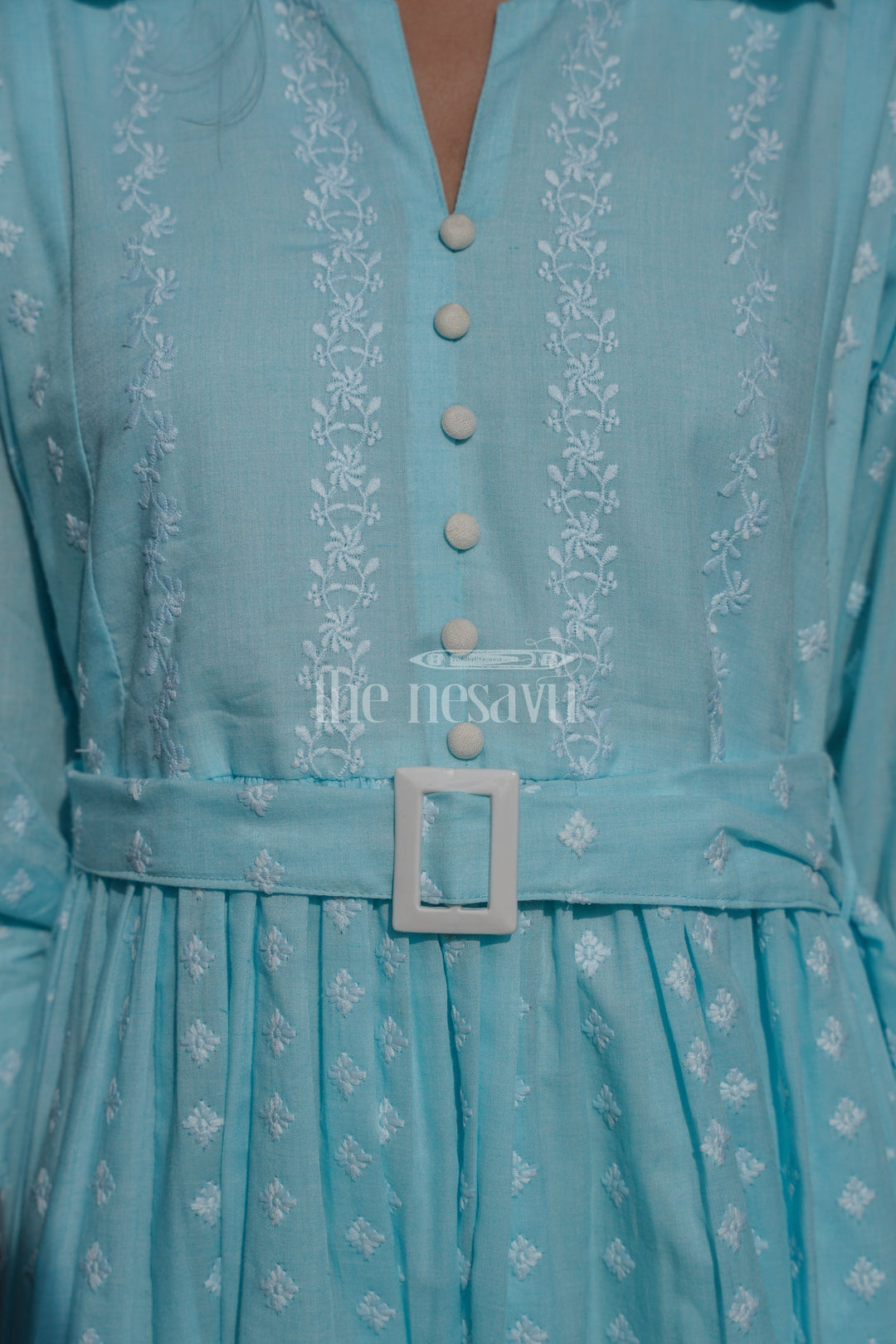 The Nesavu Womens Flared Kurthas Light Blue Womens Smart Casual Evening Wear in Georgette with Button-Down Detailing Nesavu Light Blue Georgette Womens Smart Casual Evening Wear Puff Sleeves Belt | The Nesavu