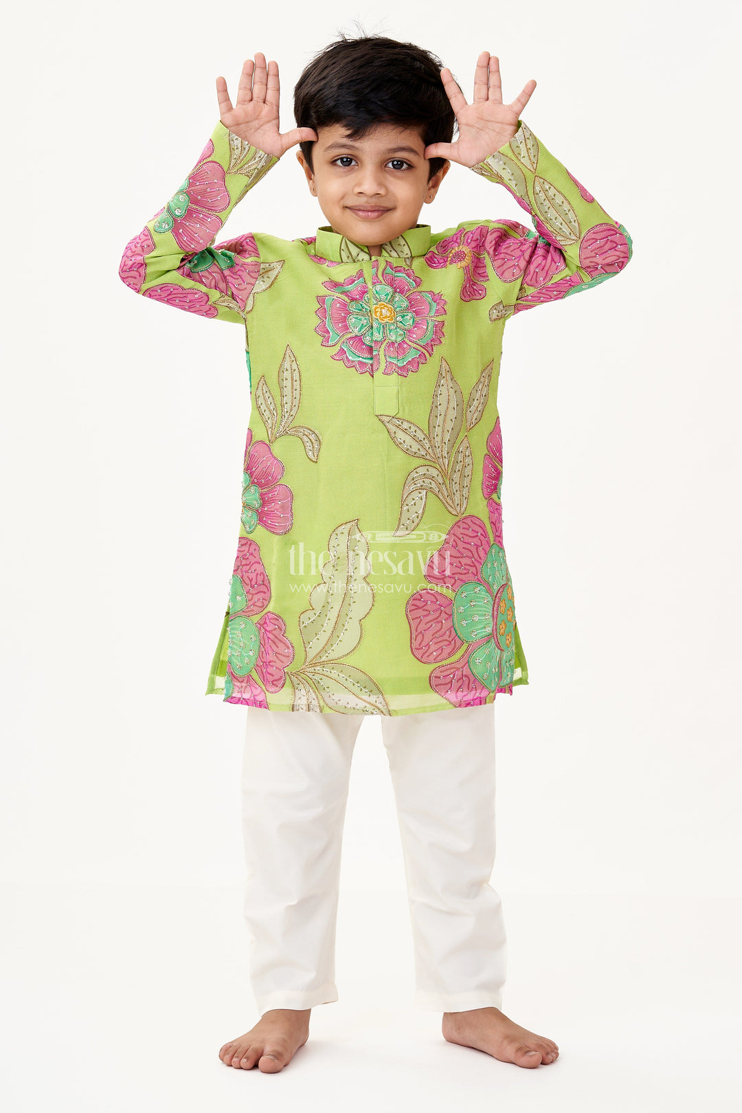 The Nesavu Boys Kurtha Set Light Green Kurta Set for Boys with Viscose Silk Digital Print and Sequin Embroidery Detailing Nesavu 16 (1Y) / Green BES691A-16 Light Green Kurta Set Boys Viscose Silk Floral Digital Print Sequin Embroidery | The Nesavu