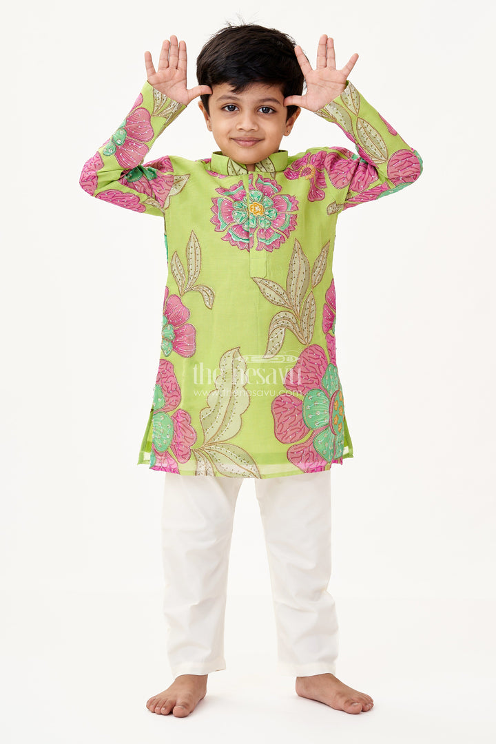 The Nesavu Boys Kurtha Set Light Green Kurta Set for Boys with Viscose Silk Digital Print and Sequin Embroidery Detailing Nesavu 16 (1Y) / Green BES691A-16 Light Green Kurta Set Boys Viscose Silk Floral Digital Print Sequin Embroidery | The Nesavu