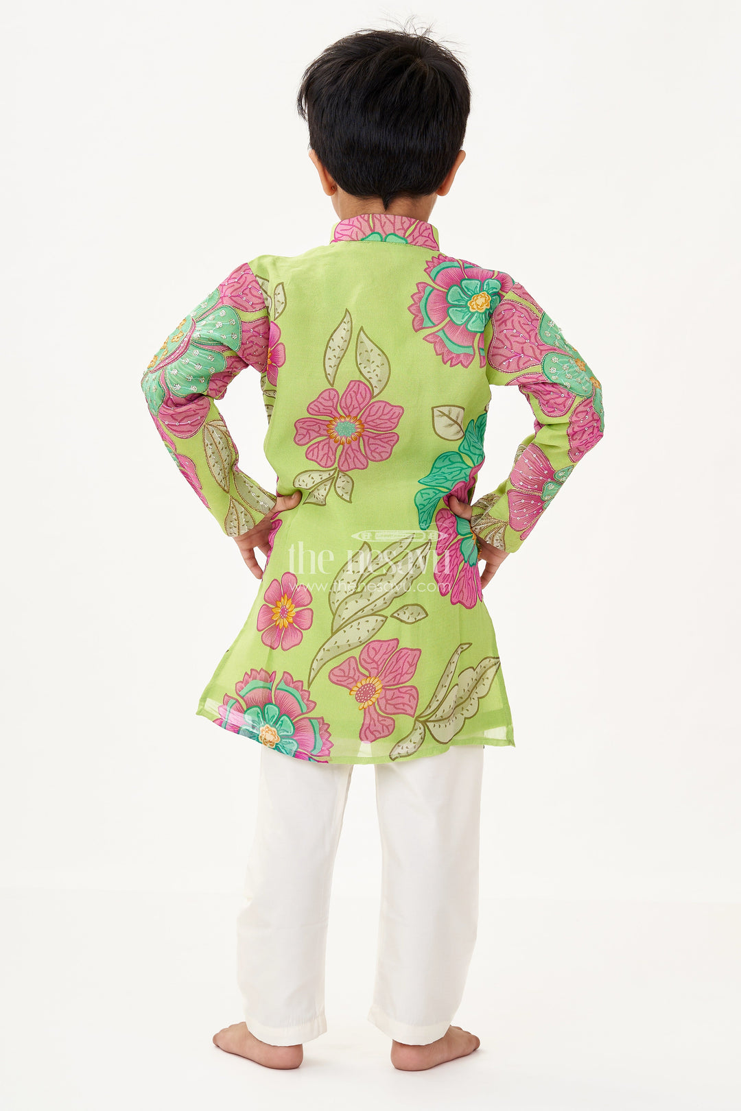 The Nesavu Boys Kurtha Set Light Green Kurta Set for Boys with Viscose Silk Digital Print and Sequin Embroidery Detailing Nesavu Nesavu Light Green Kurta Set Boys Viscose Silk Floral Digital Print Sequin Embroidery