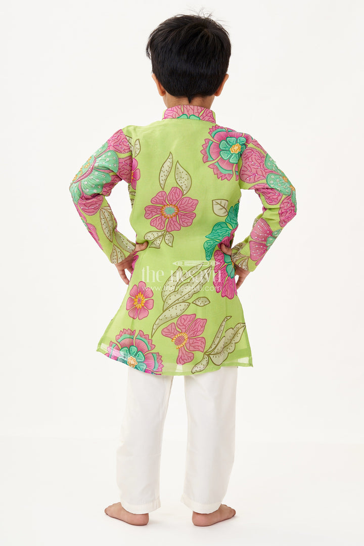 The Nesavu Boys Kurtha Set Light Green Kurta Set for Boys with Viscose Silk Digital Print and Sequin Embroidery Detailing Nesavu Nesavu Light Green Kurta Set Boys Viscose Silk Floral Digital Print Sequin Embroidery