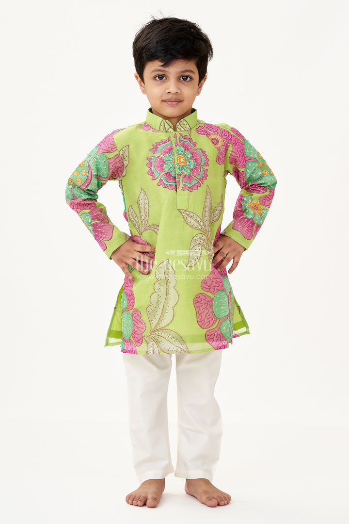 The Nesavu Boys Kurtha Set Light Green Kurta Set for Boys with Viscose Silk Digital Print and Sequin Embroidery Detailing Nesavu Nesavu Light Green Kurta Set Boys Viscose Silk Floral Digital Print Sequin Embroidery