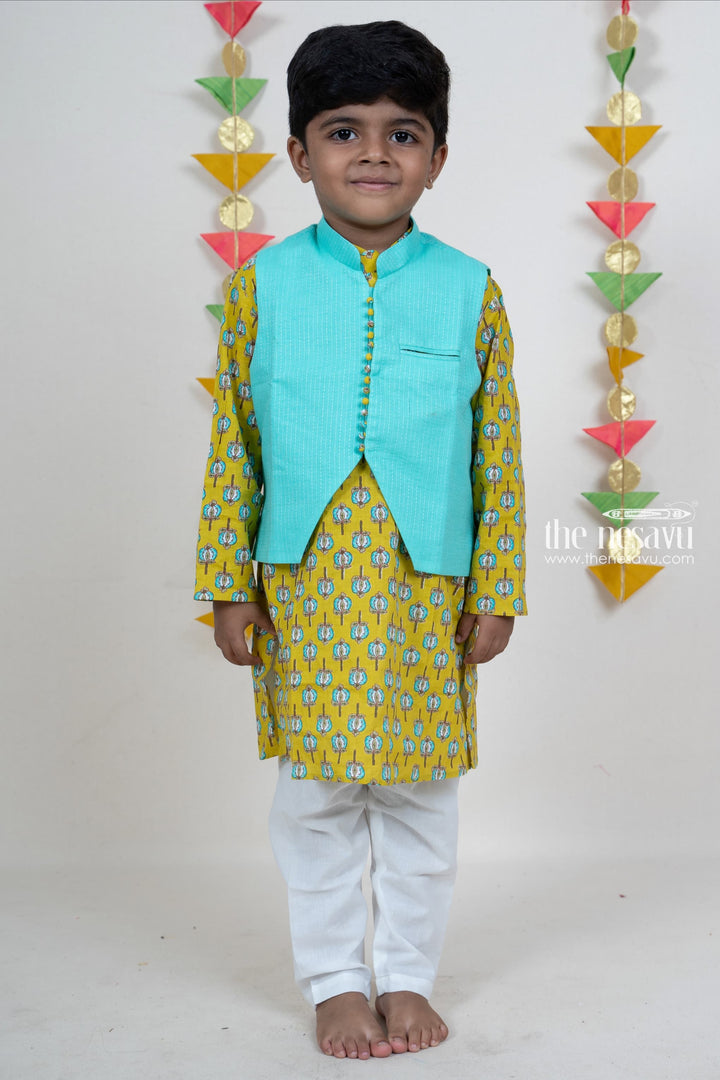 The Nesavu Boys Jacket Sets Light Green Soft Cotton Kurta With Overcoat For Boys Nesavu 16 (1Y) / Green / Cotton BES203-16 Kids Readymade Kurta For This Diwali | Baby Boys Ethnic Party Wear Ideas | The Nesavu