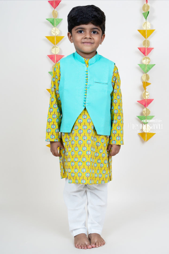 Light Green Soft Cotton Kurta With Overcoat For Boys