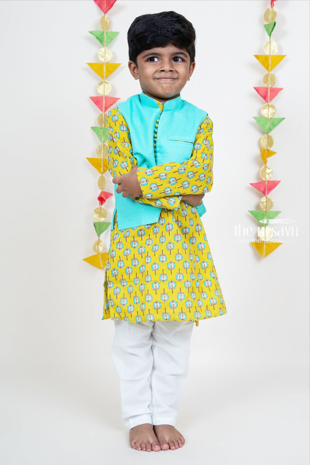 The Nesavu Boys Jacket Sets Light Green Soft Cotton Kurta With Overcoat For Boys Nesavu 22 (4Y) / Green / Cotton BES203-22 Kids Readymade Kurta For This Diwali | Baby Boys Ethnic Party Wear Ideas | The Nesavu