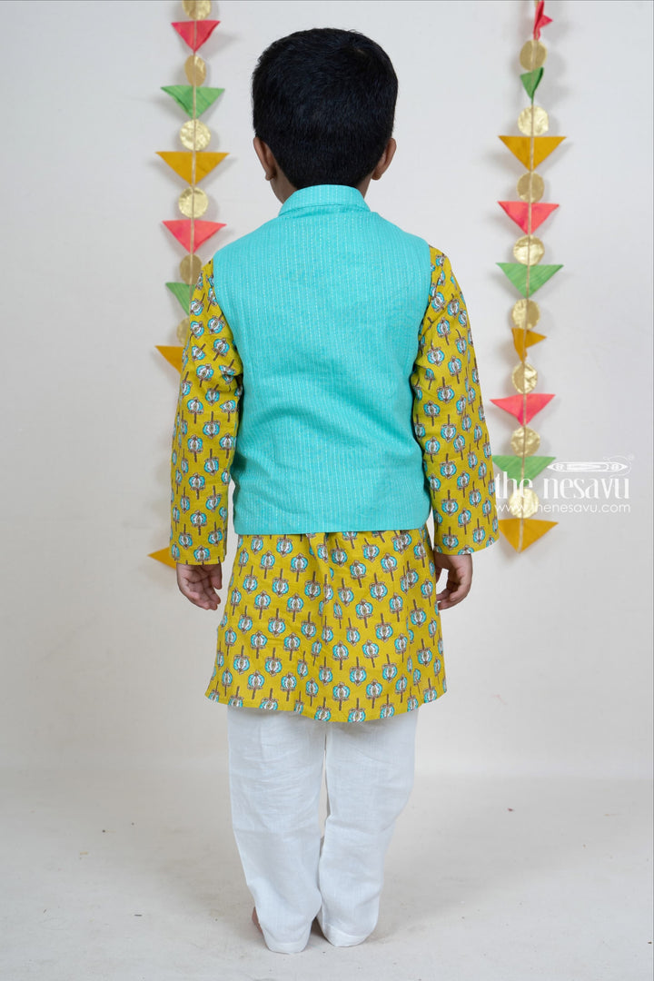 The Nesavu Boys Jacket Sets Light Green Soft Cotton Kurta With Overcoat For Boys Nesavu Kids Readymade Kurta For This Diwali | Baby Boys Ethnic Party Wear Ideas | The Nesavu