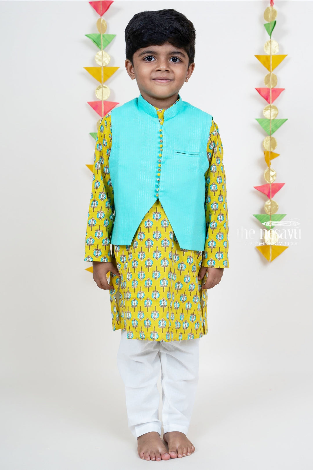 The Nesavu Boys Jacket Sets Light Green Soft Cotton Kurta With Overcoat For Boys Nesavu Kids Readymade Kurta For This Diwali | Baby Boys Ethnic Party Wear Ideas | The Nesavu