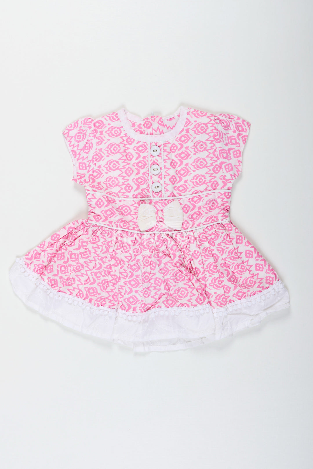 The Nesavu Girls Cotton Frock Light Pink Frock Suit for Girls in Rayon with Digital Print and Embroidered Lace Border Nesavu 12 (3M) / Pink BFJ780A-12 Light Pink Frock Suit Girls Digital Print Lace Trimmed Hemline | The Nesavu