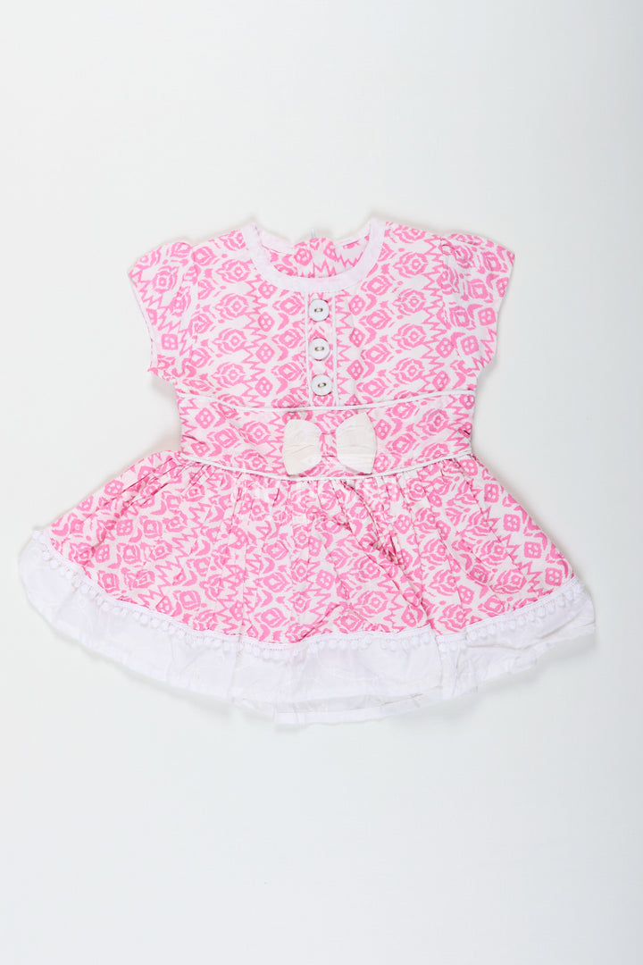 The Nesavu Girls Cotton Frock Light Pink Frock Suit for Girls in Rayon with Digital Print and Embroidered Lace Border Nesavu 12 (3M) / Pink BFJ780A-12 Light Pink Frock Suit Girls Digital Print Lace Trimmed Hemline | The Nesavu