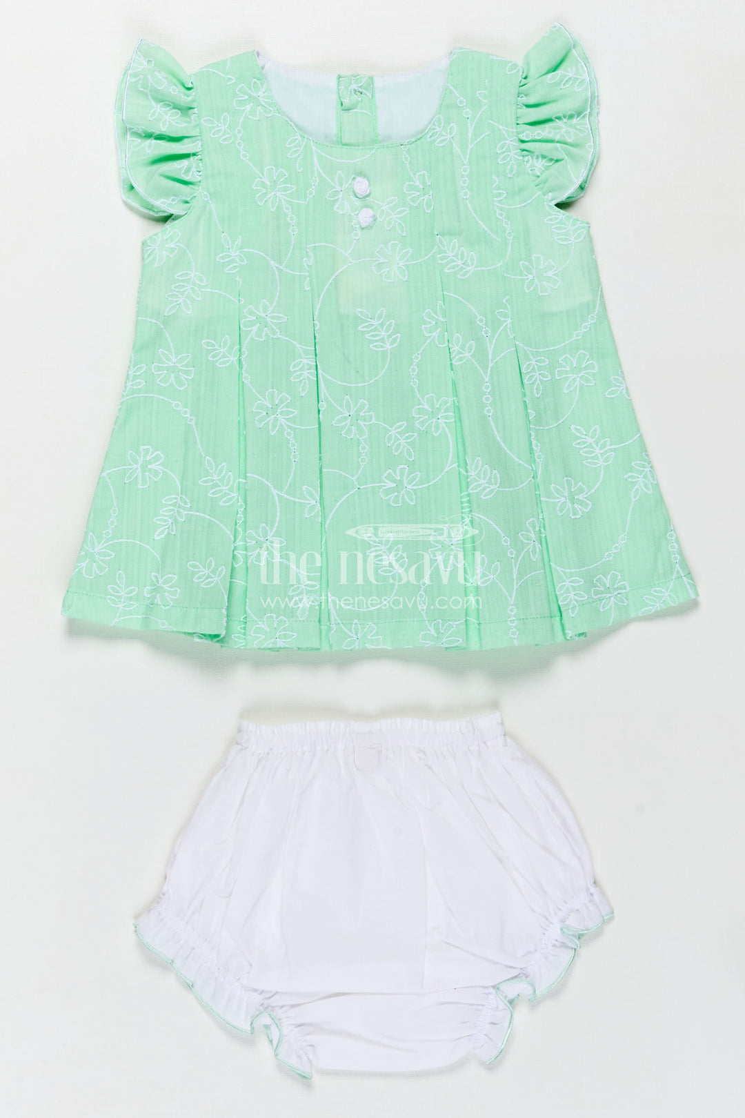The Nesavu Baby Cotton Frocks Light Pink Frocks for Babies in Green Embroidered Cotton with Frilled Sleeves and Matching Bloomers Nesavu 12 (3M) / Green BFJ804C-12 Nesavu Light Pink Frocks Green Cotton Thread Embroidery Ruffled Bloomers Babies