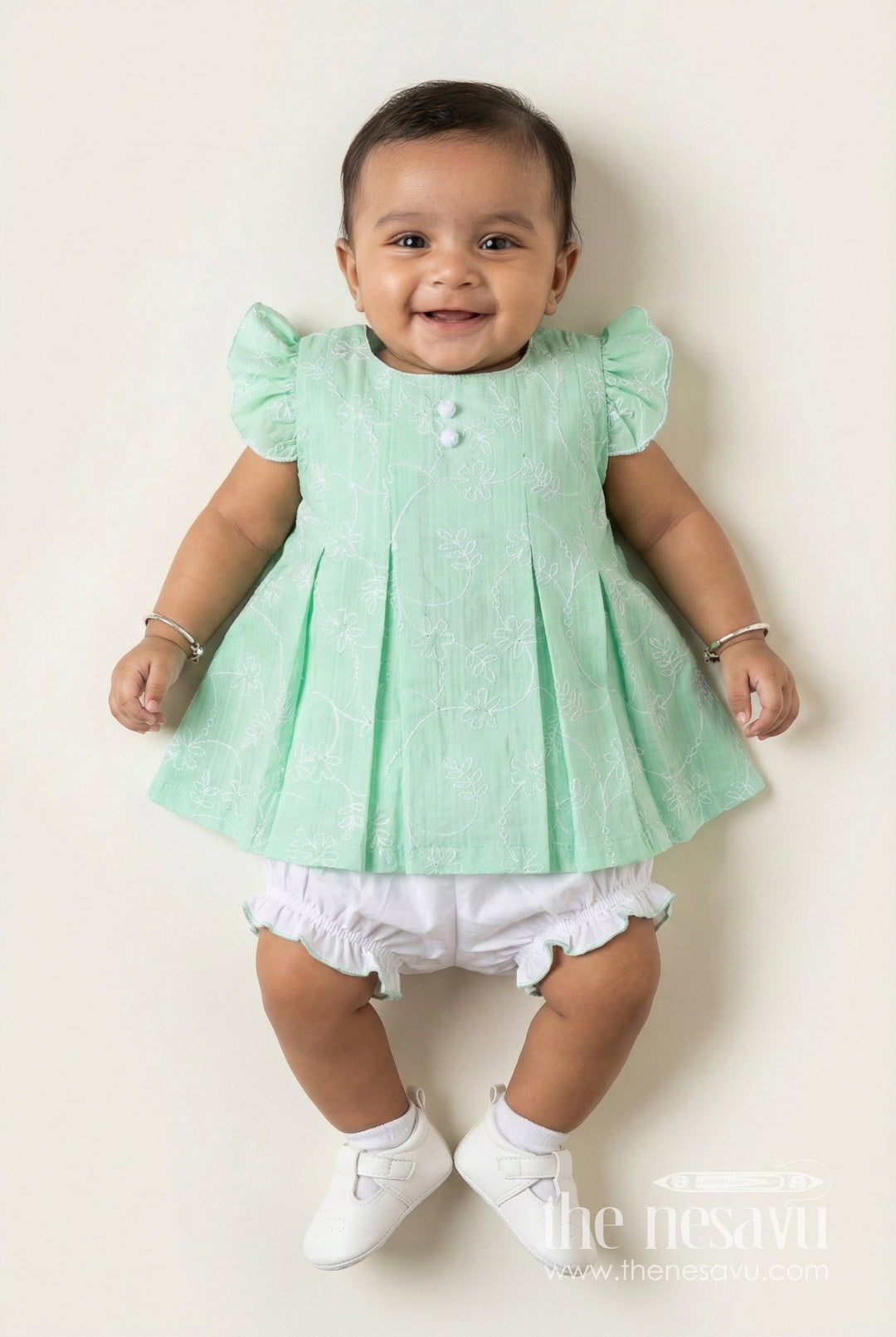 The Nesavu Baby Cotton Frocks Light Pink Frocks for Babies in Green Embroidered Cotton with Frilled Sleeves and Matching Bloomers Nesavu 12 (3M) / Green BFJ804C-12 Nesavu Light Pink Frocks Green Cotton Thread Embroidery Ruffled Bloomers Babies