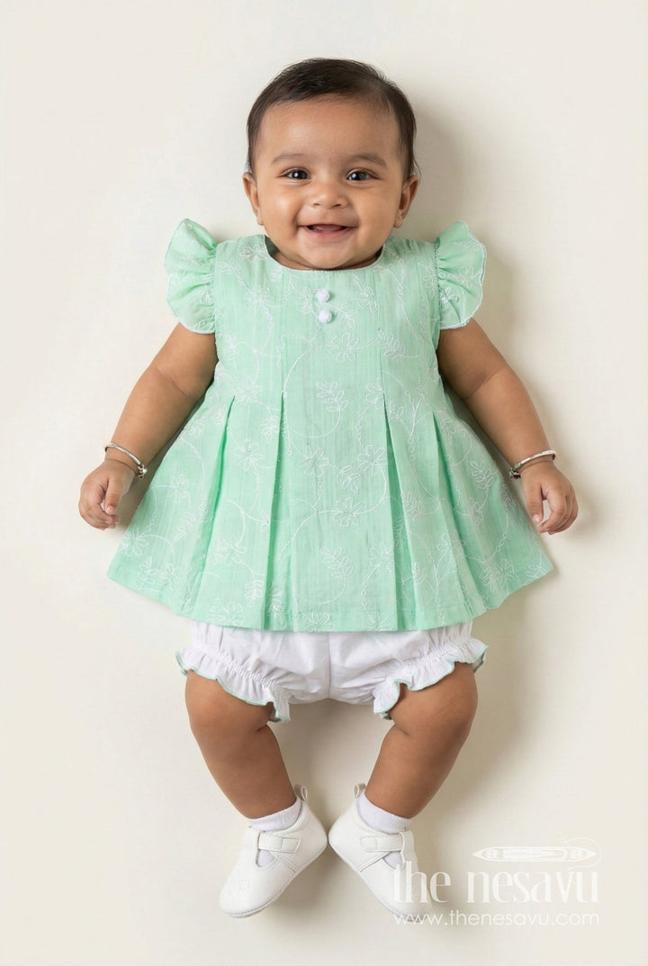 The Nesavu Baby Cotton Frocks Light Pink Frocks for Babies in Green Embroidered Cotton with Frilled Sleeves and Matching Bloomers Nesavu 12 (3M) / Green BFJ804C-12 Nesavu Light Pink Frocks Green Cotton Thread Embroidery Ruffled Bloomers Babies