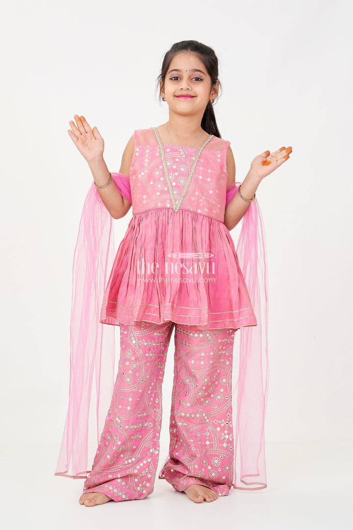 The Nesavu Girls Sharara / Plazo Set Light Pink Sharara Set with Designer Embroidery Peplum Top and Sequin Work Pants for Girls Nesavu 16 (1Y) / Pink GPS587B-16 Light Pink Sharara Set Girls Embroidered Peplum Top Sequin Sharara Pants | The Nesavu