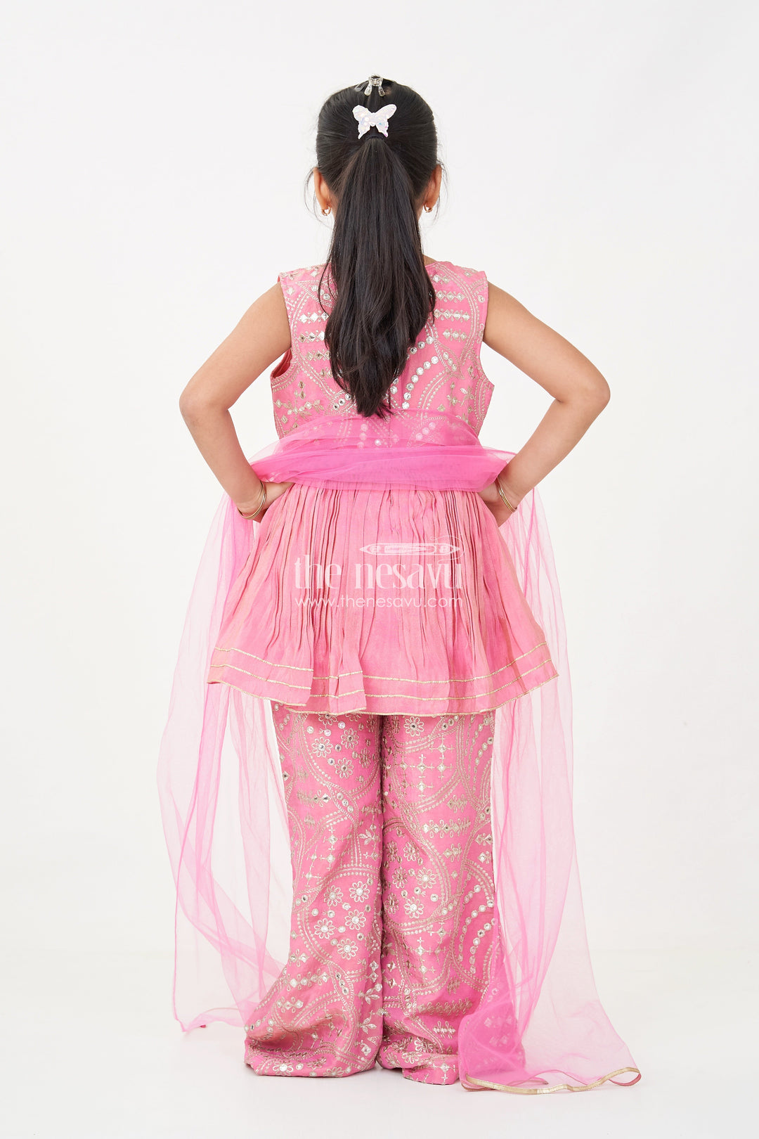 The Nesavu Girls Sharara / Plazo Set Light Pink Sharara Set with Designer Embroidery Peplum Top and Sequin Work Pants for Girls Nesavu Light Pink Sharara Set Girls Embroidered Peplum Top Sequin Sharara Pants | The Nesavu