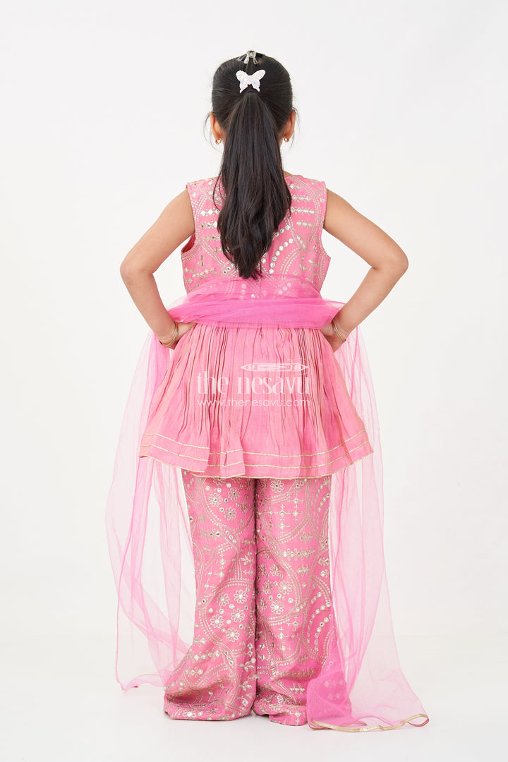 The Nesavu Girls Sharara / Plazo Set Light Pink Sharara Set with Designer Embroidery Peplum Top and Sequin Work Pants for Girls Nesavu Light Pink Sharara Set Girls Embroidered Peplum Top Sequin Sharara Pants | The Nesavu