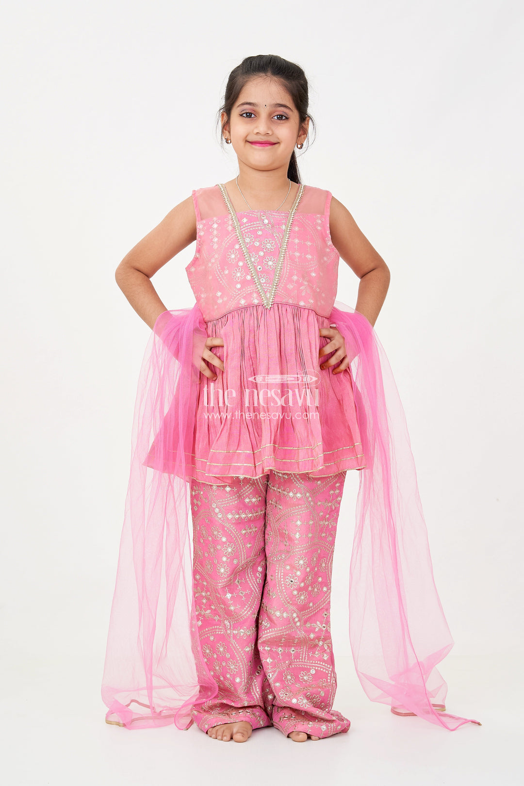 The Nesavu Girls Sharara / Plazo Set Light Pink Sharara Set with Designer Embroidery Peplum Top and Sequin Work Pants for Girls Nesavu Light Pink Sharara Set Girls Embroidered Peplum Top Sequin Sharara Pants | The Nesavu