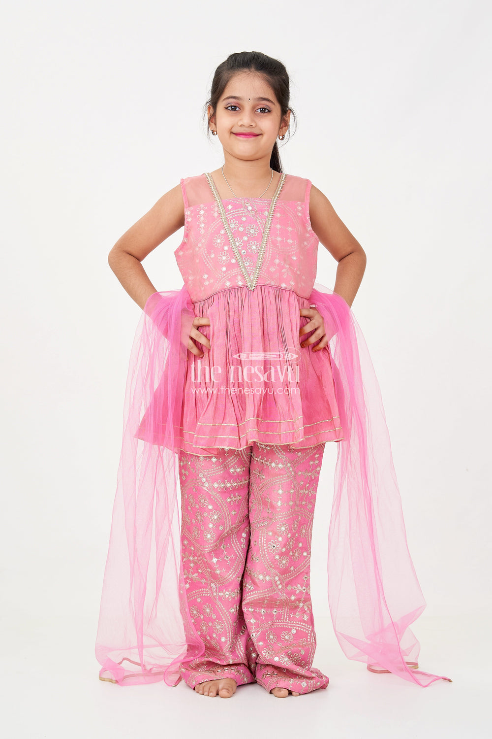 The Nesavu Girls Sharara / Plazo Set Light Pink Sharara Set with Designer Embroidery Peplum Top and Sequin Work Pants for Girls Nesavu Nesavu Light Pink Sharara Set Girls Embroidered Peplum Top Sequin Sharara Pants