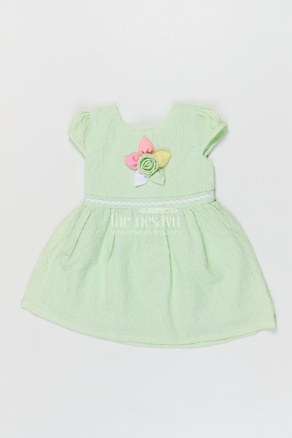 The Nesavu Girls Cotton Frock Lightweight Cotton Frock for Baby Girls' Everyday Moments Nesavu 14 (6M) / Green / Cotton BFJ918C-14 Nesavu seersucker baby frock with pastel flower detail and puff sleeves for everyday comfort