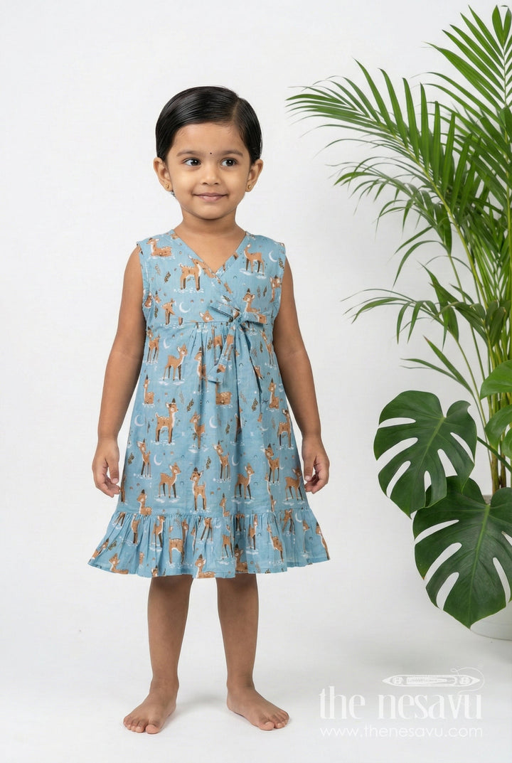 The Nesavu Girls Cotton Frock Lightweight Cotton Frock for Kids with Digital Animal Print and Cute Ruffled Hem in Soothing Blue Nesavu 18 (2Y) / Blue GFC1792A-18 Nesavu Lightweight Cotton Kids Frock Digital Animal Print Stylish Ruffles Blue