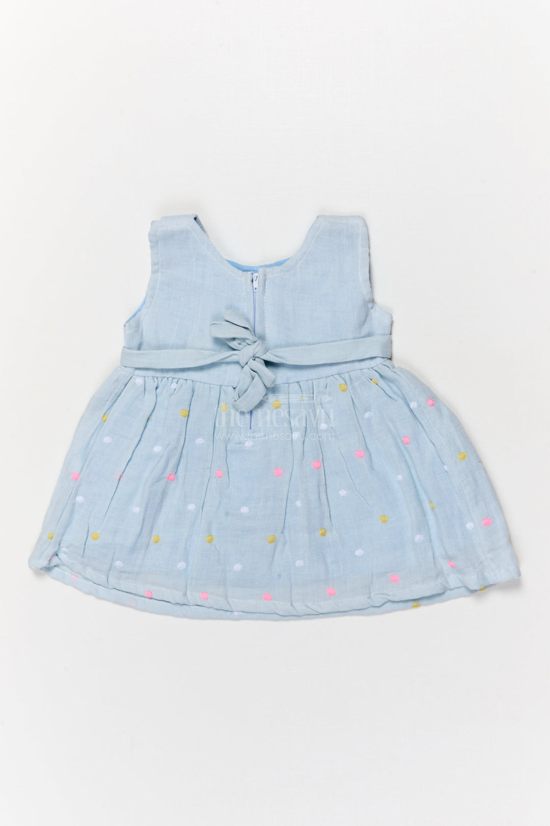 The Nesavu Baby Cotton Frocks Lightweight Muslin Cotton Frock with Polka Embroidery and Bow Detail Nesavu Nesavu breathable muslin frock with bow and polka embroidery for baby girls