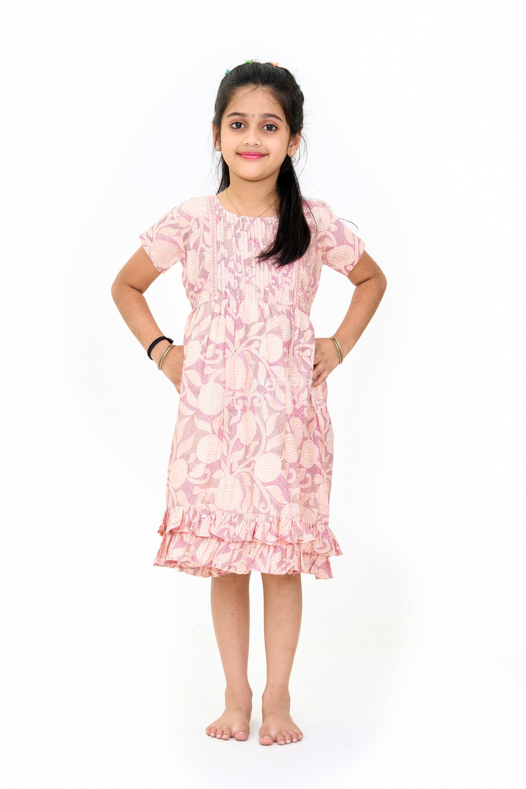 The Nesavu Girls Cotton Frock Lightweight Pink Cotton Summer Frock for Girls with Floral Print and Ruffled Sleeves Nesavu 16 (1Y) / Pink GFC1594A-16 Lightweight Pink Cotton Summer Frock Girls Floral Print Ruffled Sleeves | The Nesavu