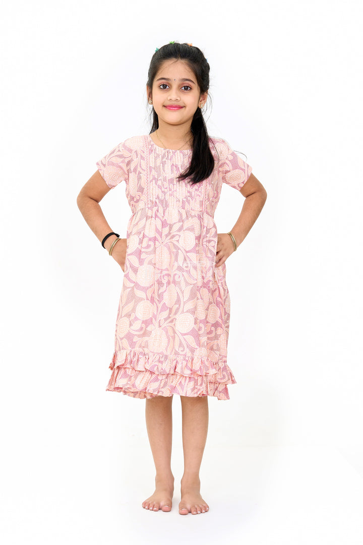The Nesavu Girls Cotton Frock Lightweight Pink Cotton Summer Frock for Girls with Floral Print and Ruffled Sleeves Nesavu 16 (1Y) / Pink GFC1594A-16 Lightweight Pink Cotton Summer Frock Girls Floral Print Ruffled Sleeves | The Nesavu