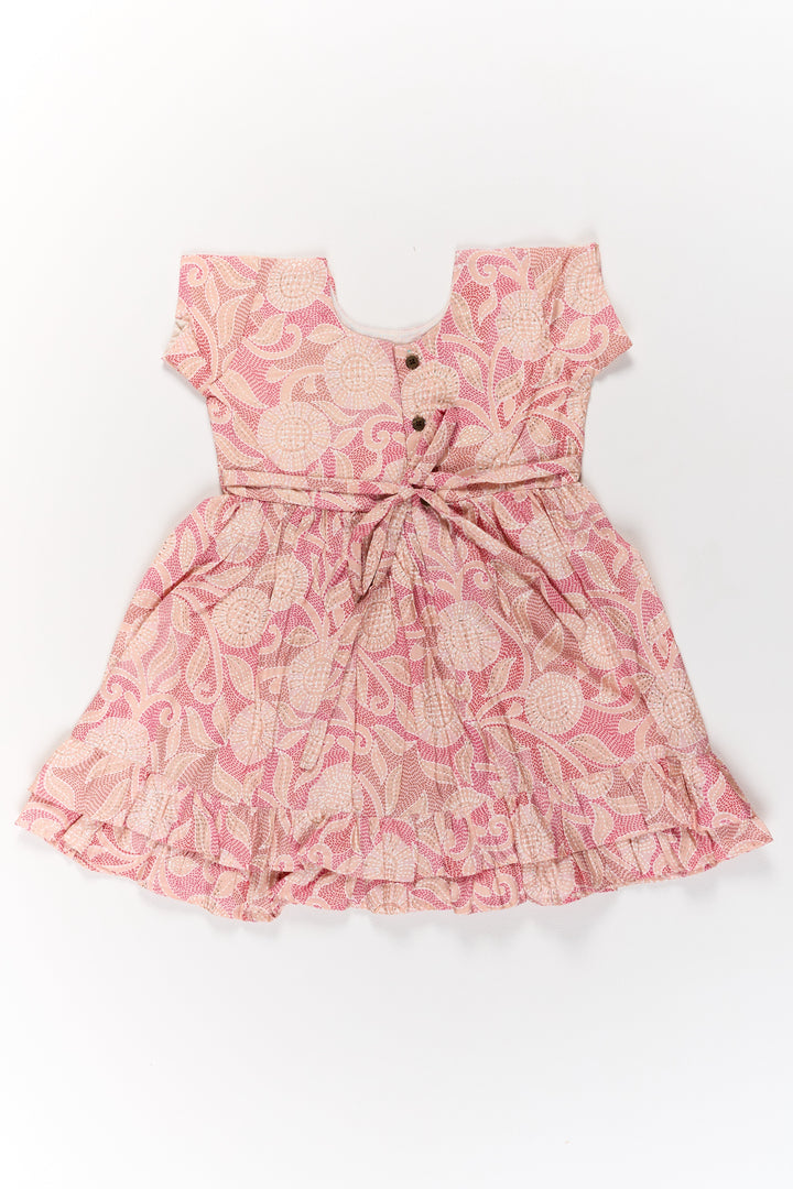 The Nesavu Girls Cotton Frock Lightweight Pink Cotton Summer Frock for Girls with Floral Print and Ruffled Sleeves Nesavu Lightweight Pink Cotton Summer Frock Girls Floral Print Ruffled Sleeves | The Nesavu