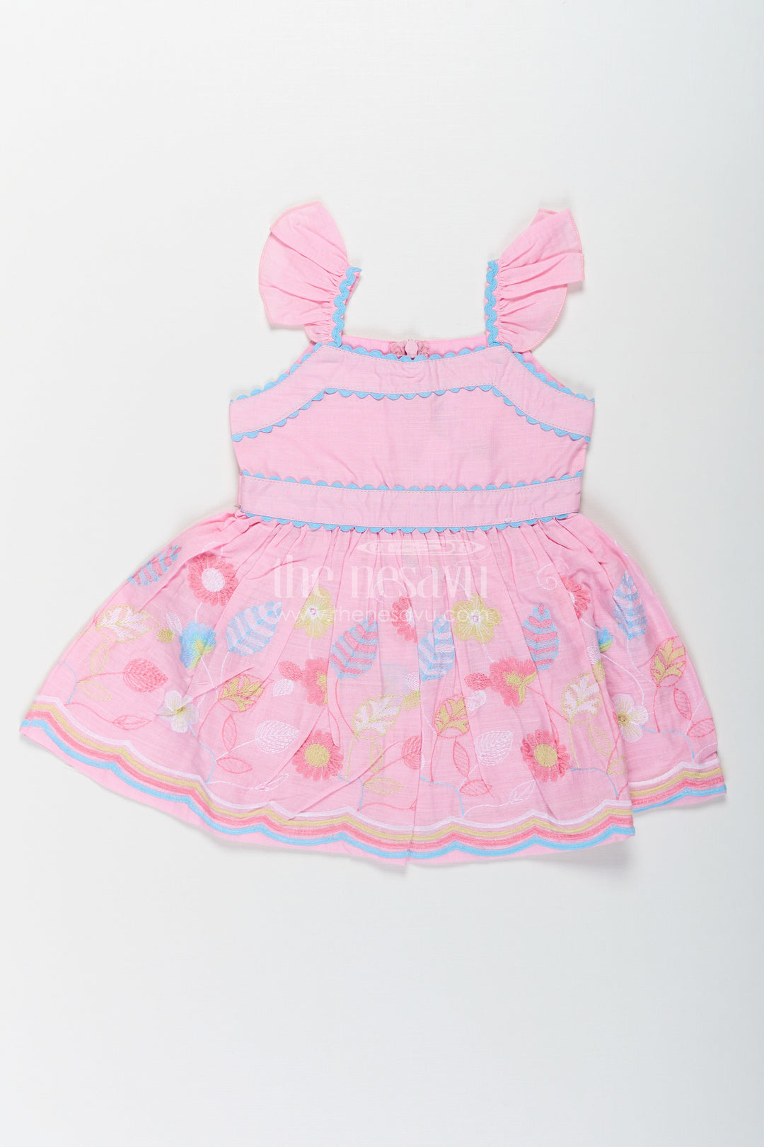 The Nesavu Baby Cotton Frocks Little Baby Frock in Pink Cotton with Multicolor Thread Embroidered Floral Bottom Nesavu 14 (6M) / Pink BFJ768B-14 Little Baby Frock Pink Cotton Multicolor Thread Embroidered Hem | The Nesavu