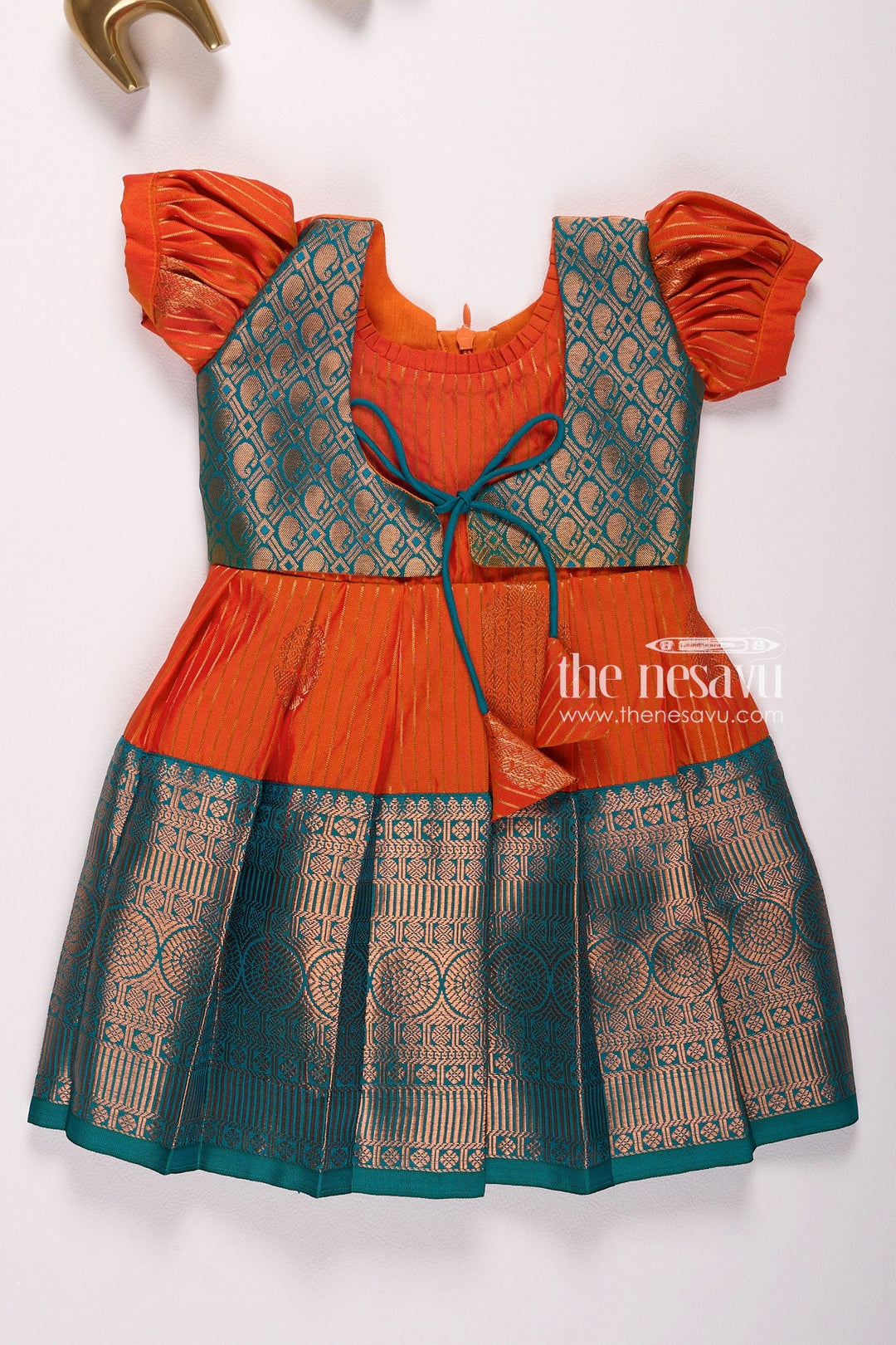 The Nesavu Girls Kanchi Silk Frock Little Girls Kanchivaram Silk Frock Ideal for Thottil Ceremony Nesavu 14 (6M) / Orange / Style 1 SF806A-14 Little Girls Kanchivaram Silk Frock - Perfect for Thottil Ceremony