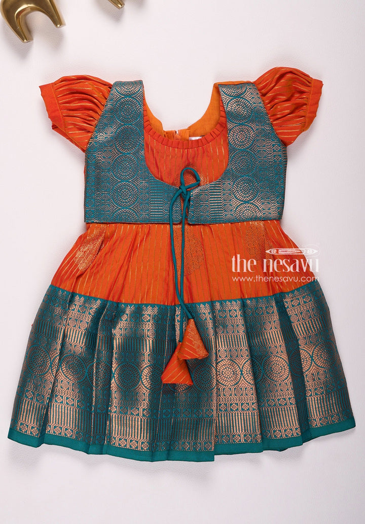 The Nesavu Girls Kanchi Silk Frock Little Girls Kanchivaram Silk Frock Ideal for Thottil Ceremony Nesavu 14 (6M) / Orange / Style 2 SF806B-14 Little Girls Kanchivaram Silk Frock - Perfect for Thottil Ceremony