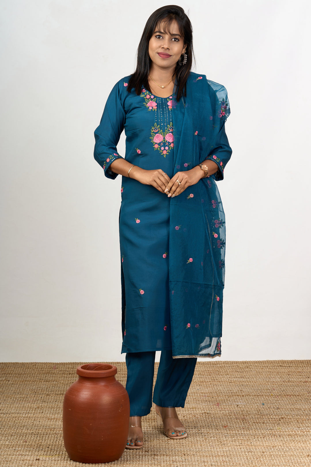 The Nesavu Womens Straight Suit Sets Lohri Function Dresses with Art Silk and Pink Floral Embroidery Womens Straight Suit Set Nesavu Lohri Function Dresses Womens Art Silk Straight Suit Set Pink Floral Embroidery | The Nesavu