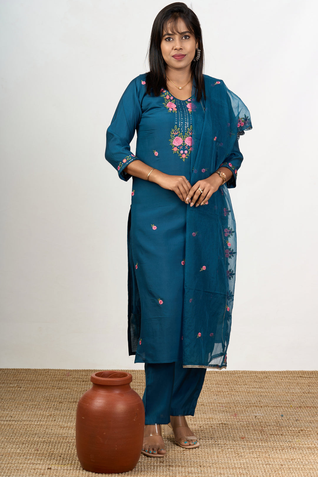 The Nesavu Womens Straight Suit Sets Lohri Function Dresses with Art Silk and Pink Floral Embroidery Womens Straight Suit Set Nesavu Lohri Function Dresses Womens Art Silk Straight Suit Set Pink Floral Embroidery | The Nesavu