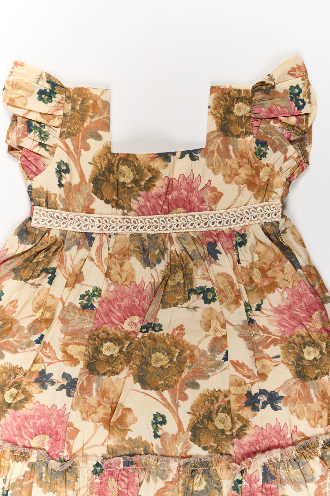 The Nesavu Girls Cotton Frock Long Cotton Frock for Girls in Beige Floral Design with Ruffle Details Nesavu Long Cotton Frock Girls Beige Floral Design Ruffled Hem | The Nesavu