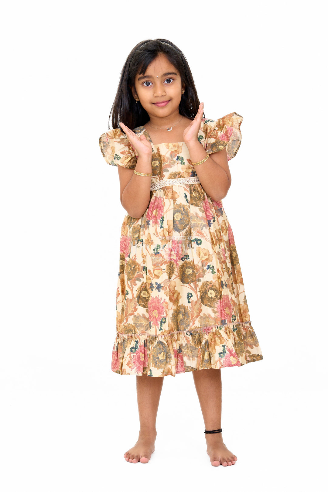 The Nesavu Girls Cotton Frock Long Cotton Frock for Girls in Beige Floral Design with Ruffle Details Nesavu Long Cotton Frock Girls Beige Floral Design Ruffled Hem | The Nesavu