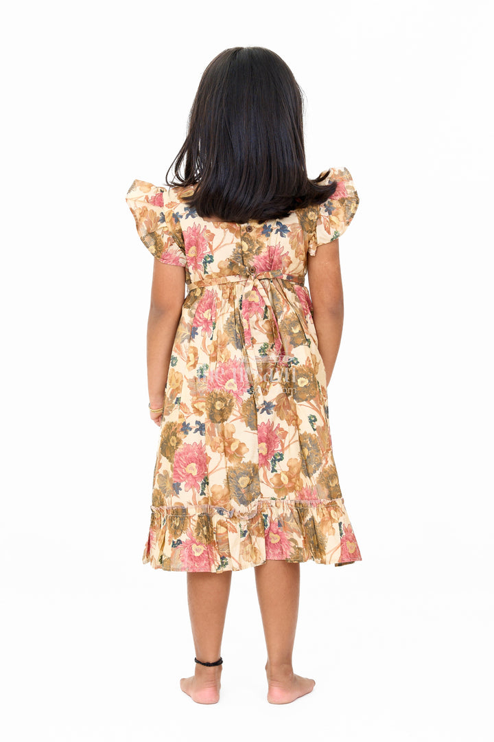 The Nesavu Girls Cotton Frock Long Cotton Frock for Girls in Beige Floral Design with Ruffle Details Nesavu Nesavu Long Cotton Frock Girls Beige Floral Design Ruffled Hem