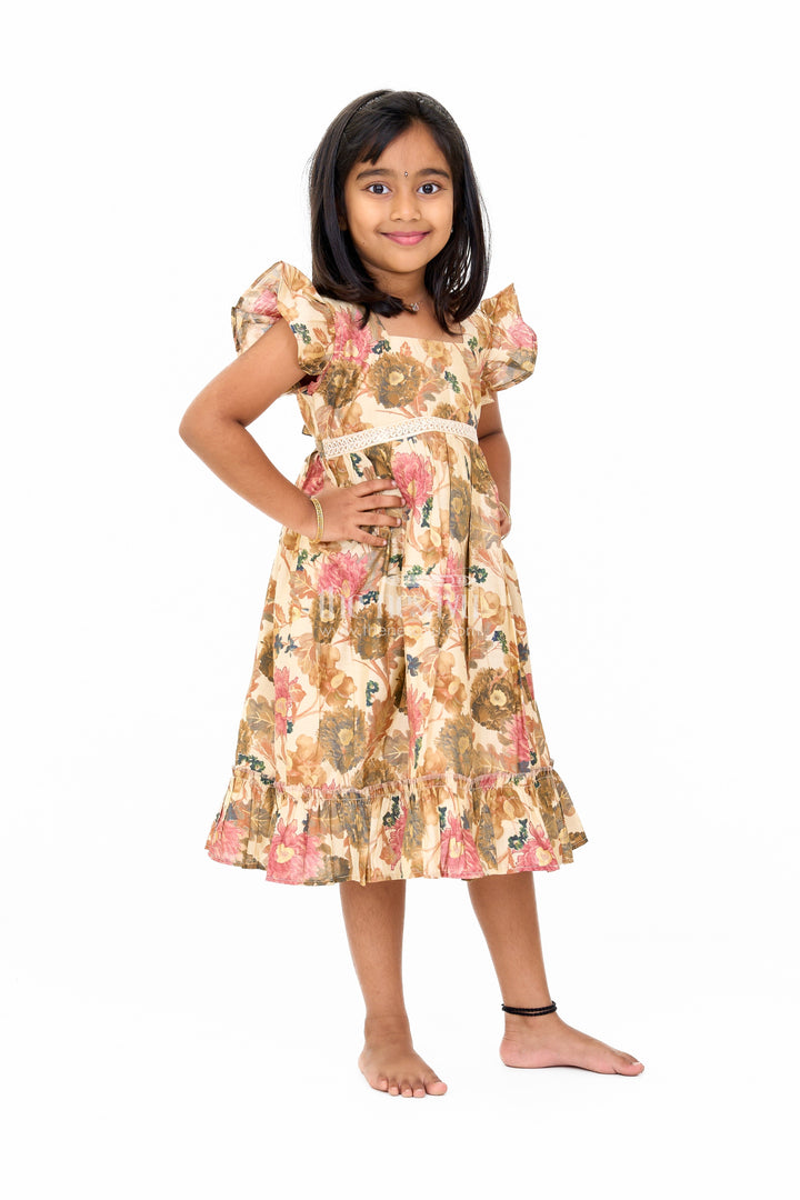 The Nesavu Girls Cotton Frock Long Cotton Frock for Girls in Beige Floral Design with Ruffle Details Nesavu Nesavu Long Cotton Frock Girls Beige Floral Design Ruffled Hem