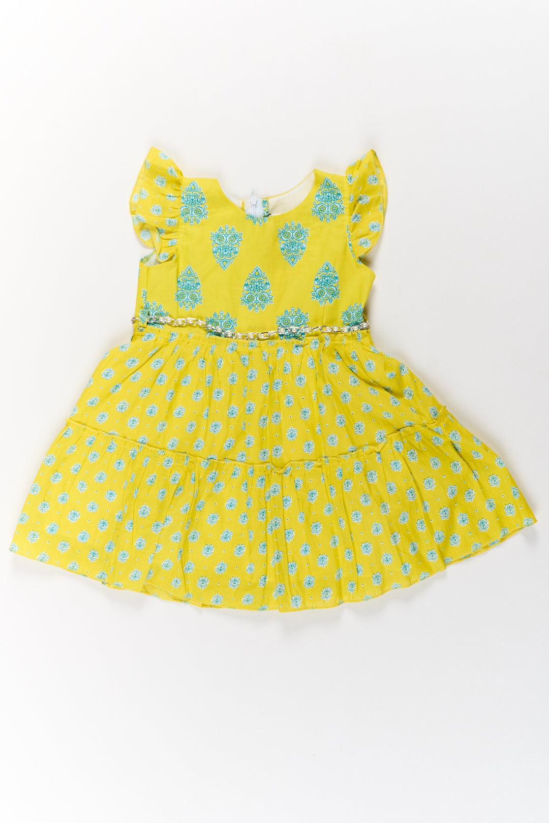 The Nesavu Girls Cotton Frock Long Frock Cotton Dress for Girls with Traditional Print and Ruffled Details Nesavu 20 (3Y) / Yellow GFC1502A-20 Long Frock Cotton Dress Girls Yellow Blue Traditional Prints | The Nesavu