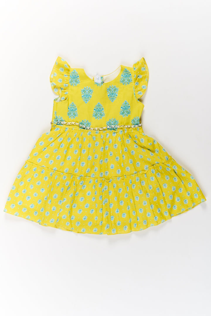 The Nesavu Girls Cotton Frock Long Frock Cotton Dress for Girls with Traditional Print and Ruffled Details Nesavu 20 (3Y) / Yellow GFC1502A-20 Long Frock Cotton Dress Girls Yellow Blue Traditional Prints | The Nesavu