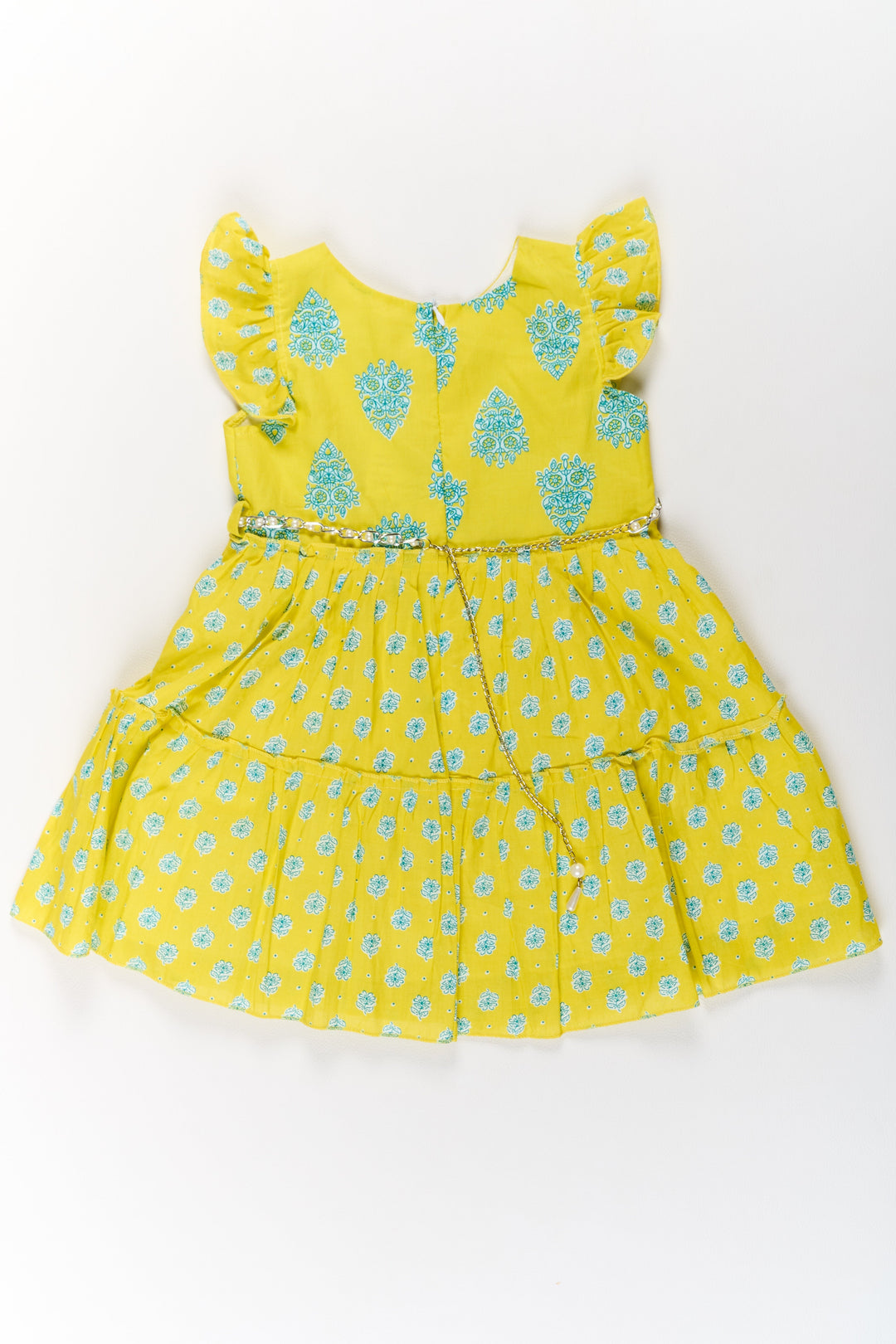 The Nesavu Girls Cotton Frock Long Frock Cotton Dress for Girls with Traditional Print and Ruffled Details Nesavu Long Frock Cotton Dress Girls Yellow Blue Traditional Prints | The Nesavu